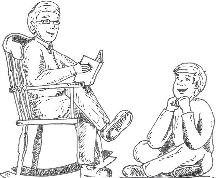 Grandfather seated in a rocking chair sharing thoughts with a young boy